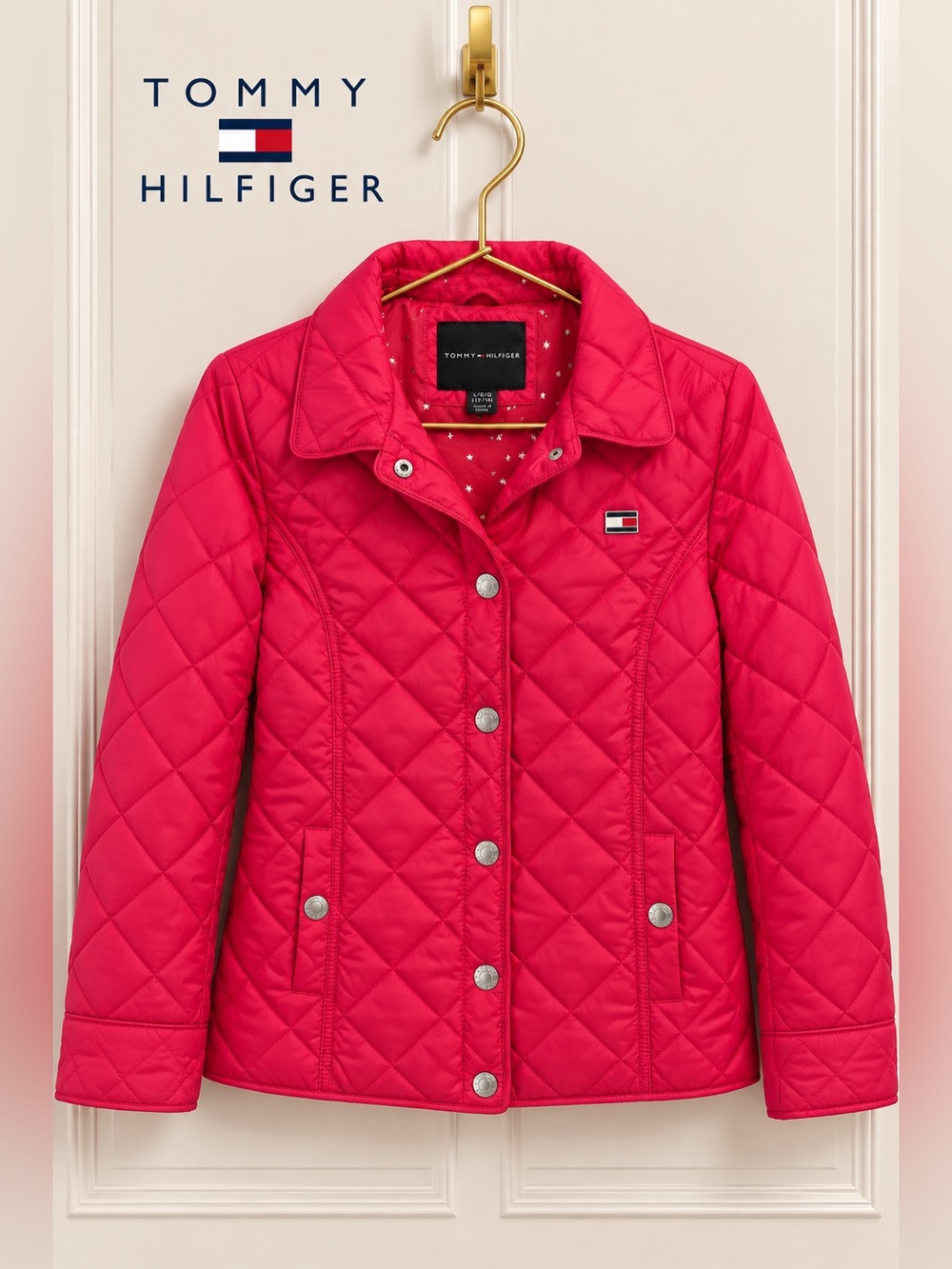 Tommy Hilfiger Pink Quilted Jacket Women’s L 12/14 Star Lining